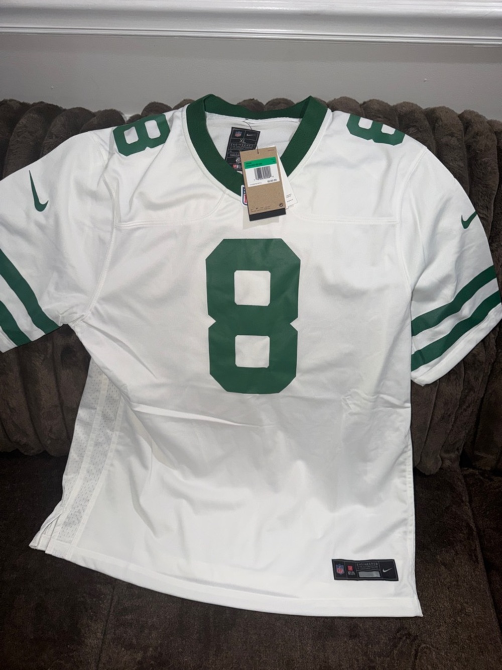 Nike White and Green #8 Football Jersey